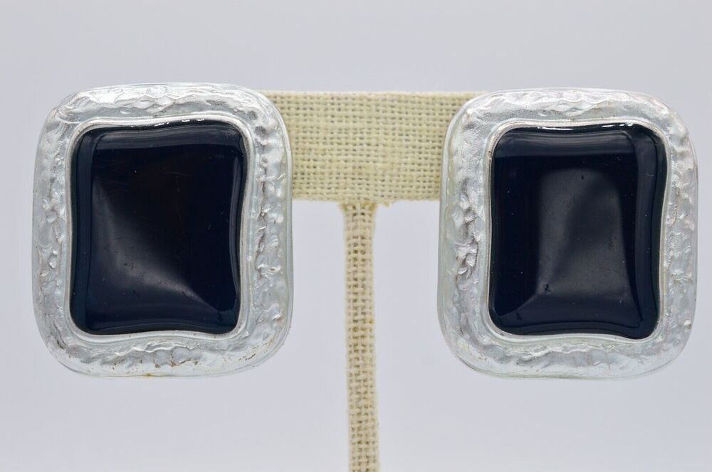 Vintage Geometric Clip On Earrings Navy Black Enamel Brushed Silver Chunky BinAG